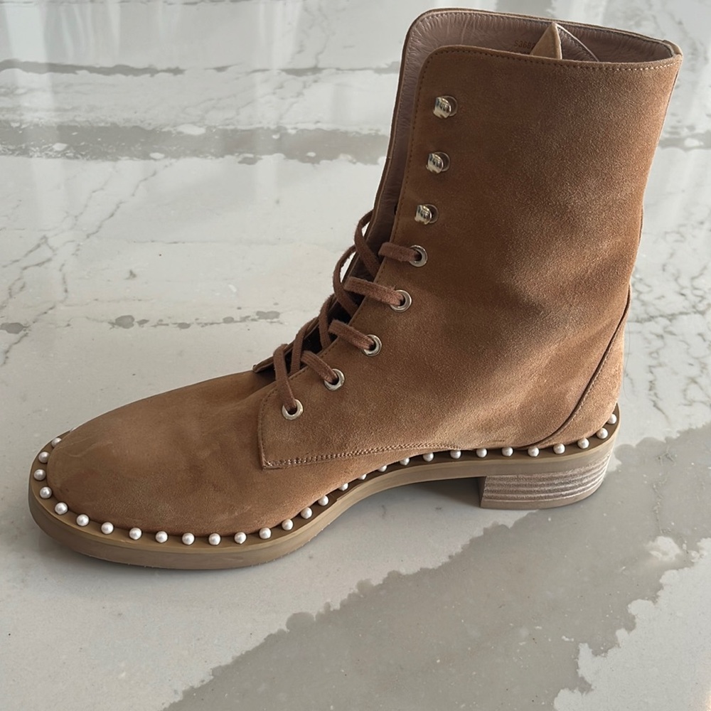 Like new, Stuart Weizmann suede combat boots with pearl embellishment